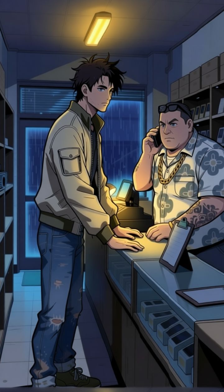 Sandman leaning across Benny's counter
