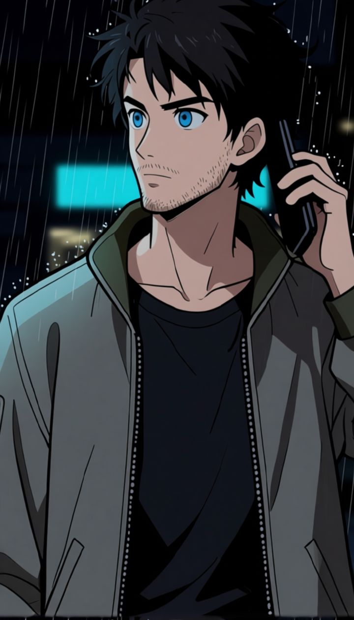 Luke 'Sandman' Freeman on the phone in the rain