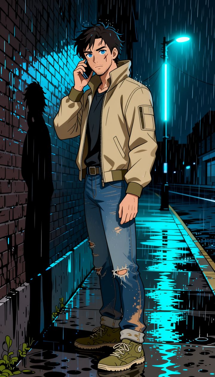 Sandman on the phone by a brick wall in the rain