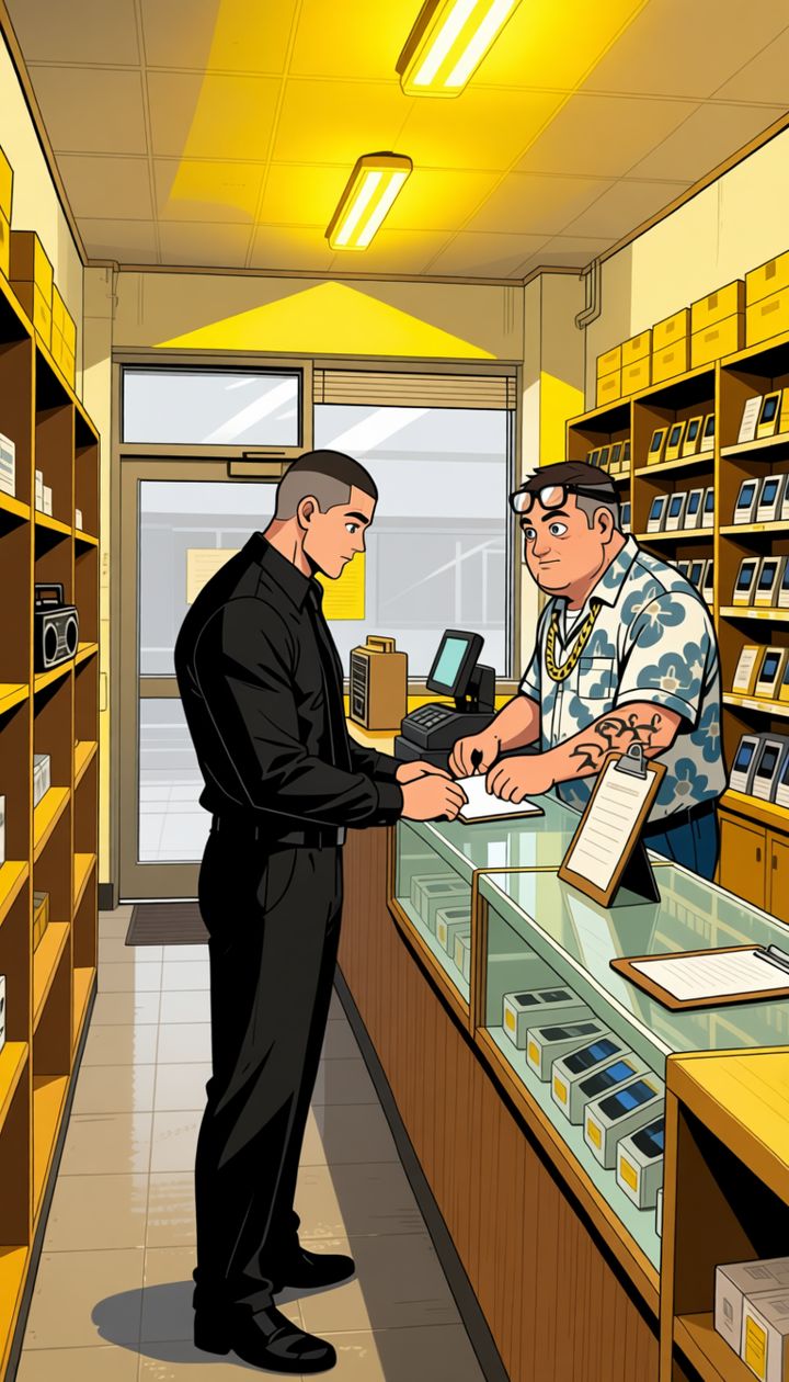 Benny Oroz at his shop counter with a Falco bodyguard